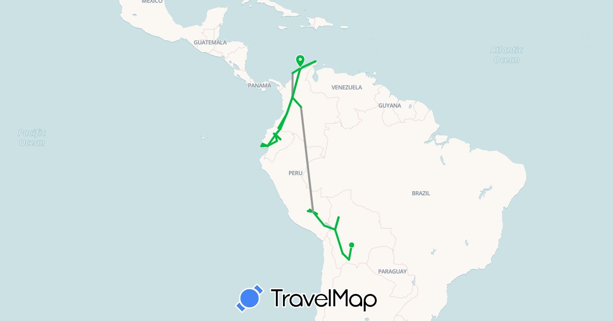 TravelMap itinerary: driving, bus, plane in Bolivia, Colombia, Ecuador, Peru (South America)